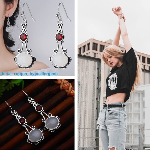 Moonstone And Ruby Silver Romantic Drop Earrings - Picture 7 of 13